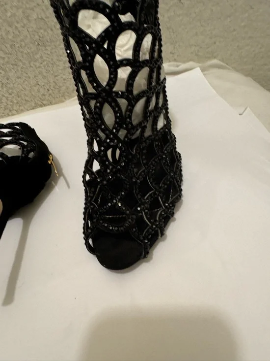 Sergio Rossi Black Scalloped crystal Laser-Cut Peep-Toe Stilettos size 38.5 - Picture 7 of 11